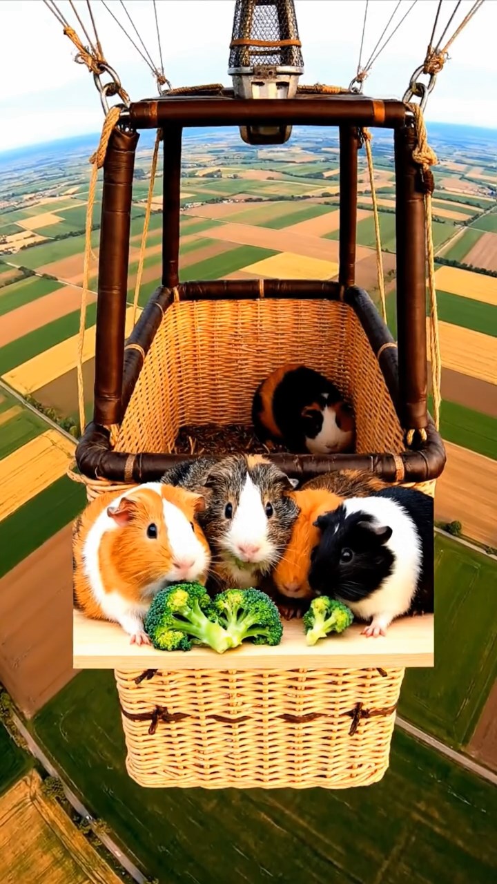 2023. Detailed photo of 4 smooth-haired Peruvian guinea pigs featuring orange, gray, and black coats, sharing broccoli florets, inside a soaring balloon basket over patchwork farmlands.