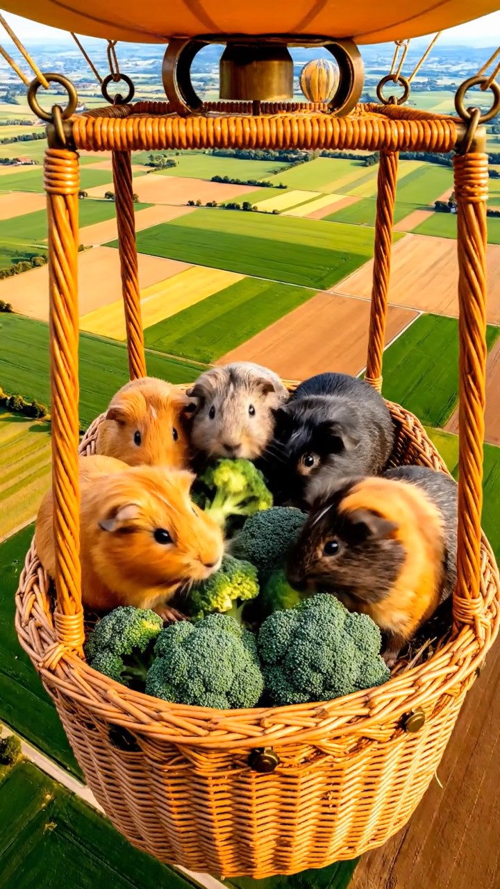 2023. Detailed photo of 4 smooth-haired Peruvian guinea pigs featuring orange, gray, and black coats, sharing broccoli florets, inside a soaring balloon basket over patchwork farmlands.