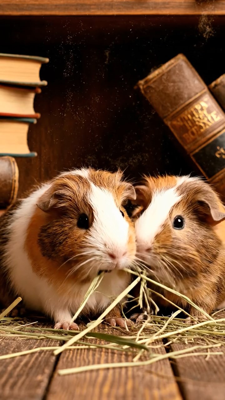 2024. Photorealistic image of 2 smooth-haired Silkie guinea pigs with brown and cream fur, eating dried orchard grass, in a dusty old library alcove with stacked leather books.