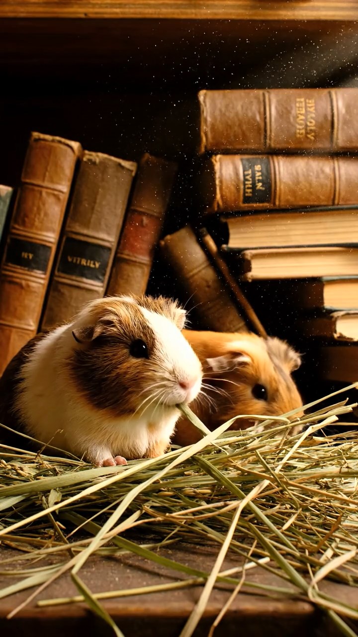 2024. Photorealistic image of 2 smooth-haired Silkie guinea pigs with brown and cream fur, eating dried orchard grass, in a dusty old library alcove with stacked leather books.