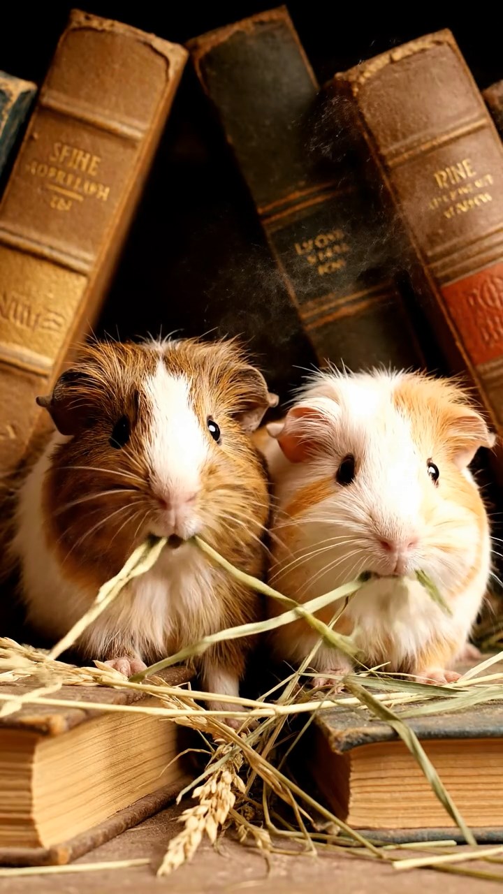 2024. Photorealistic image of 2 smooth-haired Silkie guinea pigs with brown and cream fur, eating dried orchard grass, in a dusty old library alcove with stacked leather books.