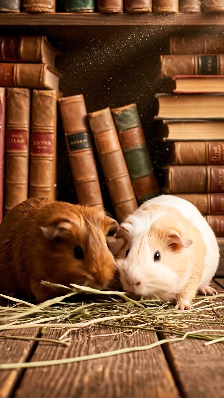 2024. Photorealistic image of 2 smooth-haired Silkie guinea pigs with brown and cream fur, eating dried orchard grass, in a dusty old library alcove with stacked leather books.
