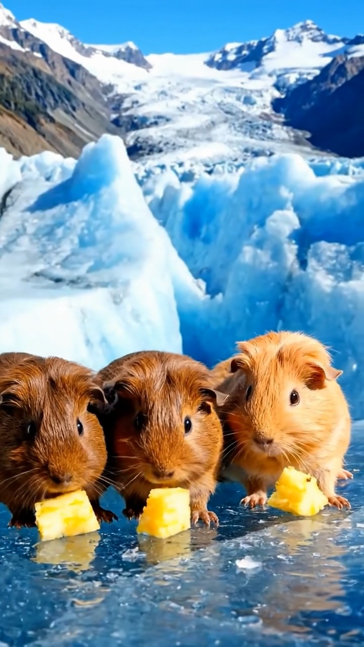 2025. Realistic scene of 5 smooth-haired Teddy guinea pigs in fawn, chocolate, and cinnamon colors, nibbling on pineapple chunks, on a cracking blue glacier surface with deep crevasses.