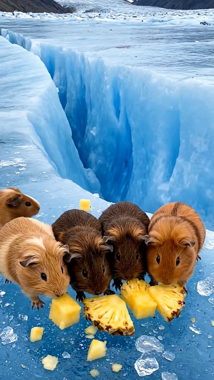 2025. Realistic scene of 5 smooth-haired Teddy guinea pigs in fawn, chocolate, and cinnamon colors, nibbling on pineapple chunks, on a cracking blue glacier surface with deep crevasses.