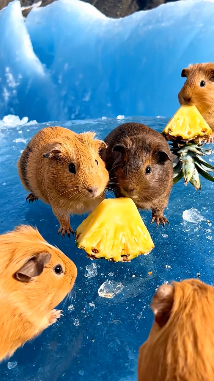 2025. Realistic scene of 5 smooth-haired Teddy guinea pigs in fawn, chocolate, and cinnamon colors, nibbling on pineapple chunks, on a cracking blue glacier surface with deep crevasses.