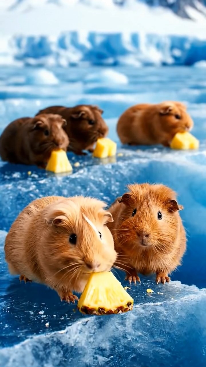2025. Realistic scene of 5 smooth-haired Teddy guinea pigs in fawn, chocolate, and cinnamon colors, nibbling on pineapple chunks, on a cracking blue glacier surface with deep crevasses.