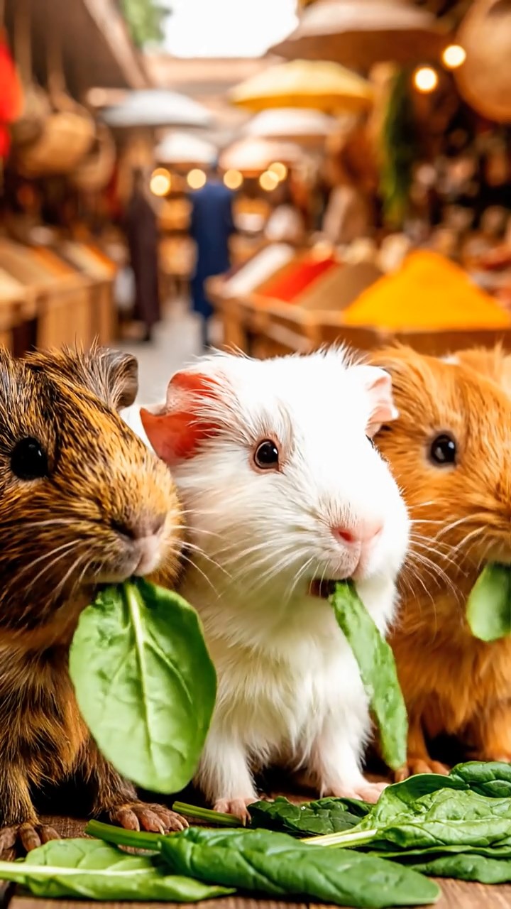 2026. Highly detailed view of 3 smooth-haired Texel guinea pigs with sable, white, and orange fur, chewing on spinach, at a lively outdoor bazaar with spice piles and vendors.