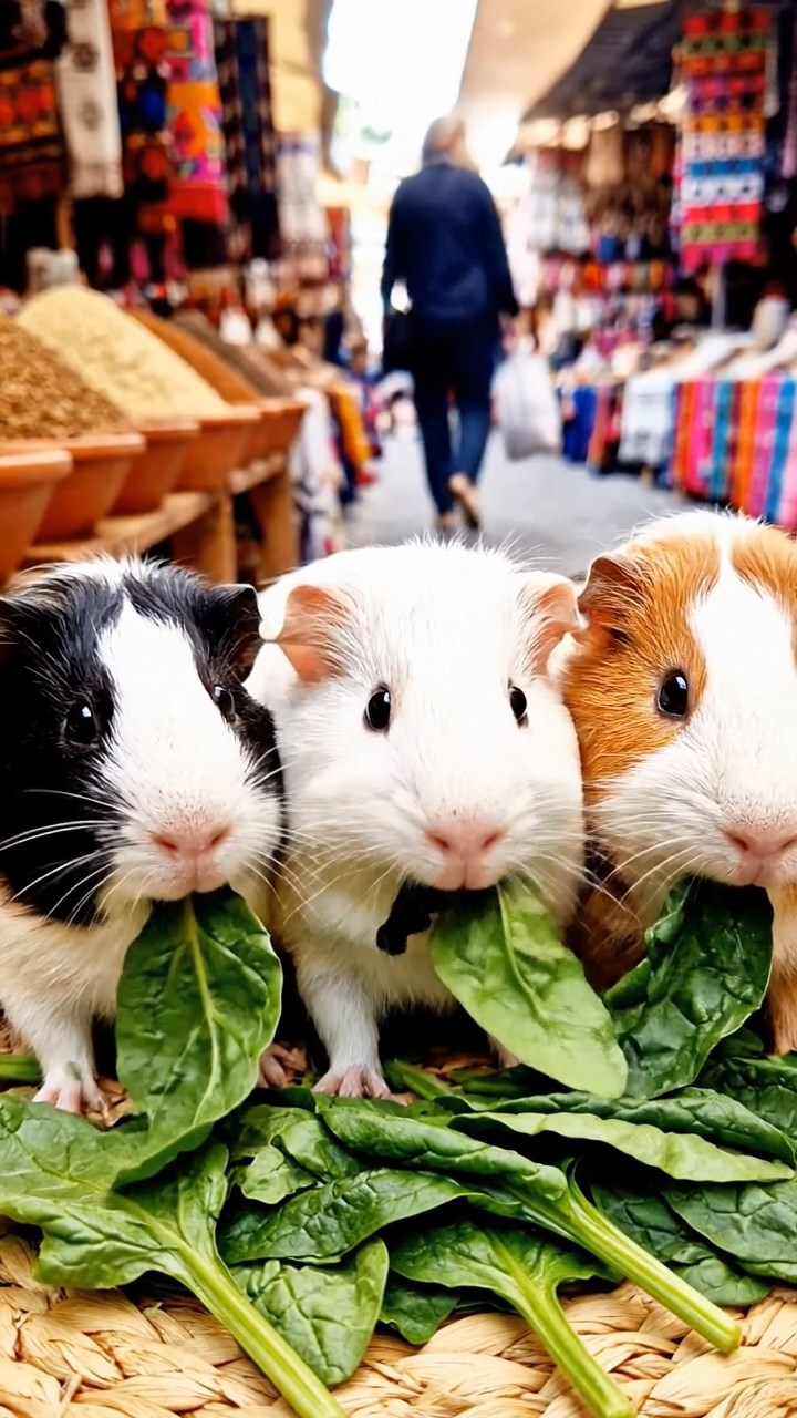2026. Highly detailed view of 3 smooth-haired Texel guinea pigs with sable, white, and orange fur, chewing on spinach, at a lively outdoor bazaar with spice piles and vendors.