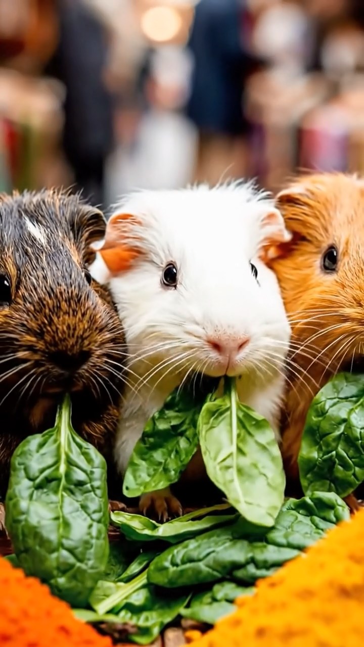 2026. Highly detailed view of 3 smooth-haired Texel guinea pigs with sable, white, and orange fur, chewing on spinach, at a lively outdoor bazaar with spice piles and vendors.