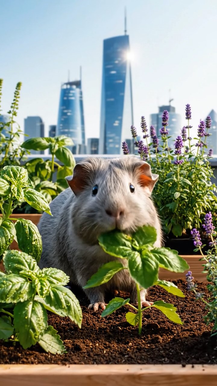 2027. Photorealistic photo of 1 smooth-haired Rex guinea pig with gray fur, munching on strawberry leaves, on a sustainable roof garden with herbs and city horizons.