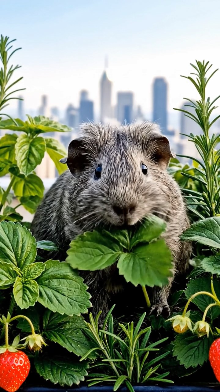 2027. Photorealistic photo of 1 smooth-haired Rex guinea pig with gray fur, munching on strawberry leaves, on a sustainable roof garden with herbs and city horizons.