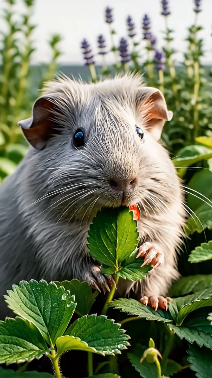2027. Photorealistic photo of 1 smooth-haired Rex guinea pig with gray fur, munching on strawberry leaves, on a sustainable roof garden with herbs and city horizons.