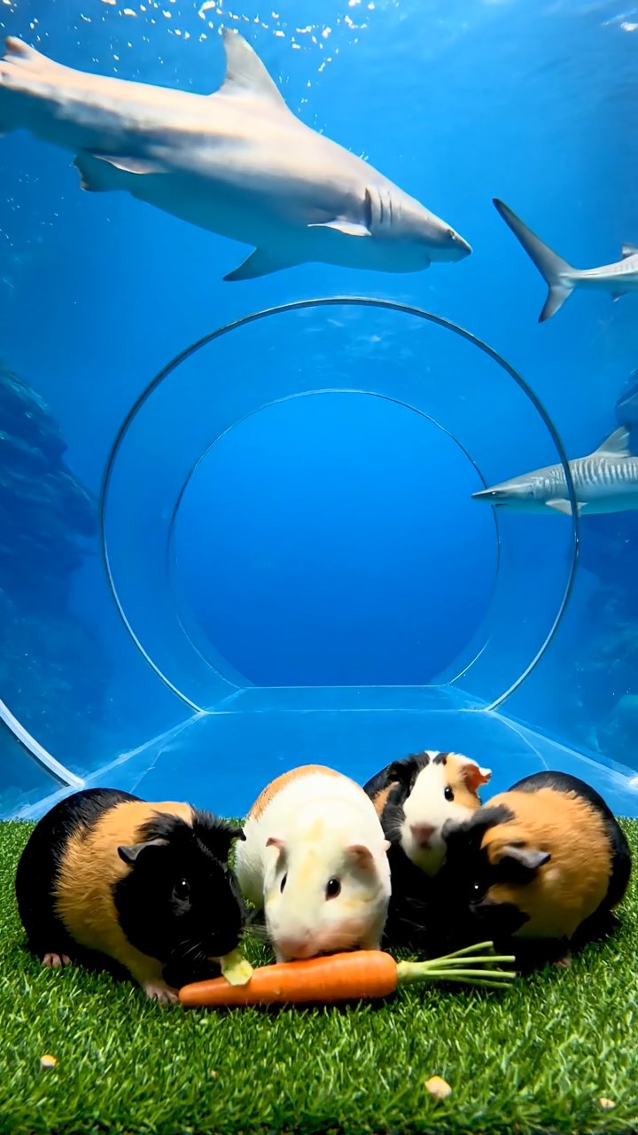 2028. Realistic depiction of 4 smooth-haired Coronet guinea pigs featuring black, brown, and cream coats, sharing carrot tops, in an immersive marine tunnel with sharks overhead.