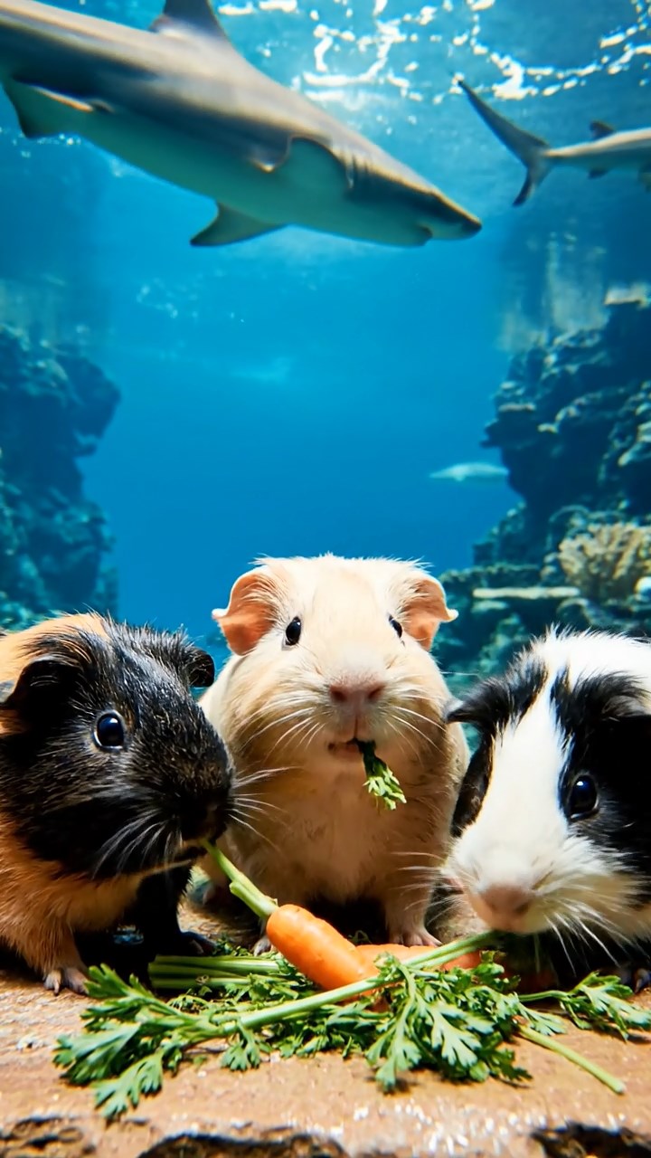 2028. Realistic depiction of 4 smooth-haired Coronet guinea pigs featuring black, brown, and cream coats, sharing carrot tops, in an immersive marine tunnel with sharks overhead.
