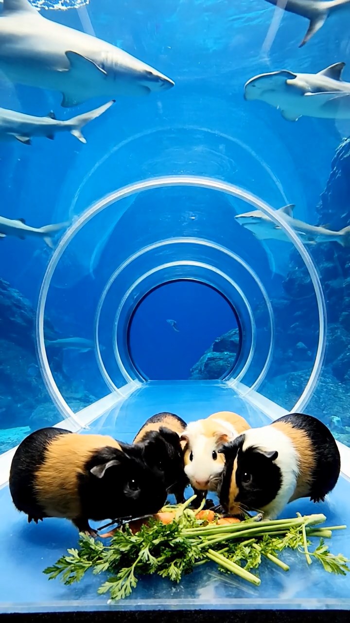 2028. Realistic depiction of 4 smooth-haired Coronet guinea pigs featuring black, brown, and cream coats, sharing carrot tops, in an immersive marine tunnel with sharks overhead.