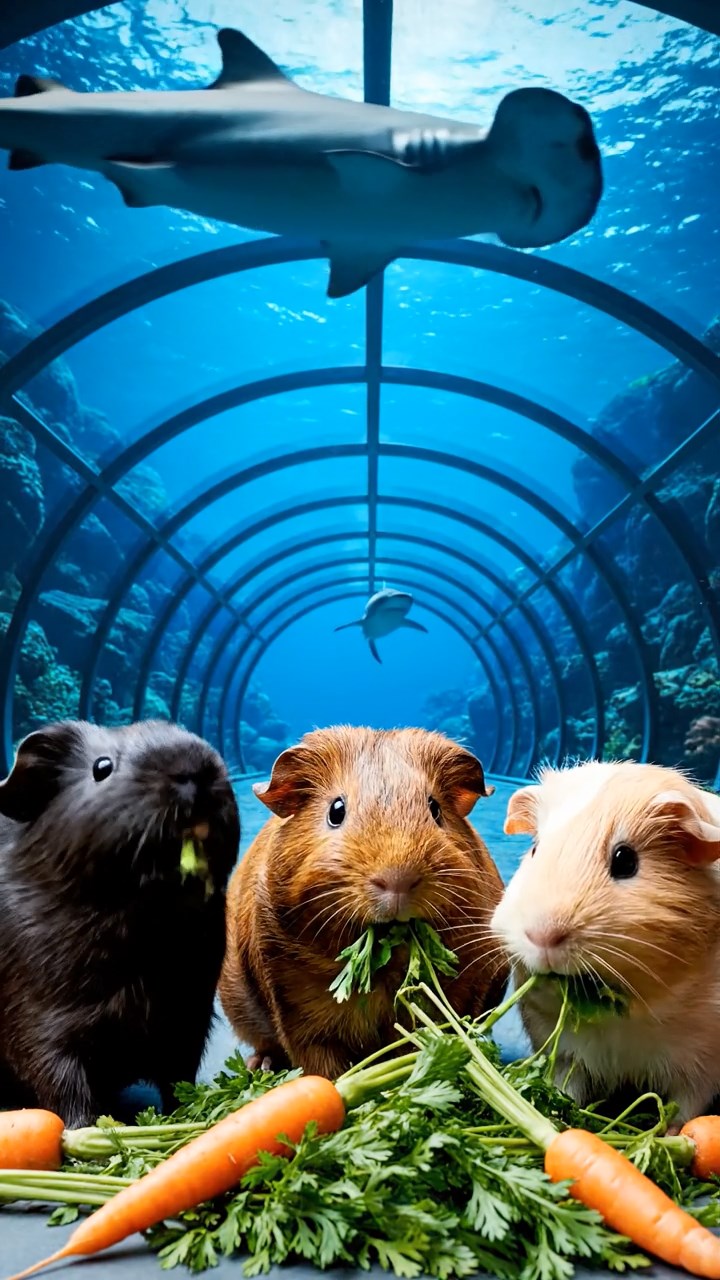 2028. Realistic depiction of 4 smooth-haired Coronet guinea pigs featuring black, brown, and cream coats, sharing carrot tops, in an immersive marine tunnel with sharks overhead.