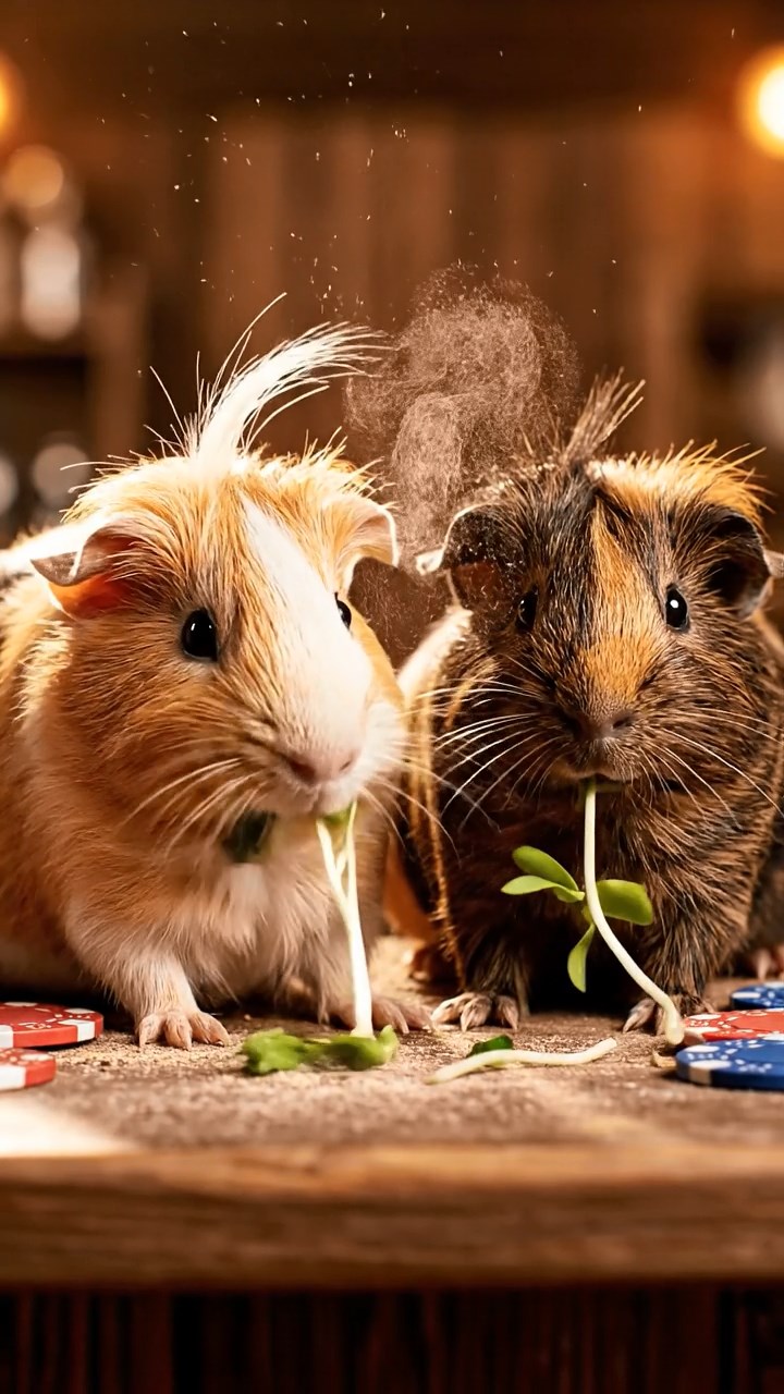 2029. Detailed image of 2 smooth-haired White Crested guinea pigs with fawn and chocolate fur, eating alfalfa sprouts, on a dusty saloon counter with poker chips scattered.