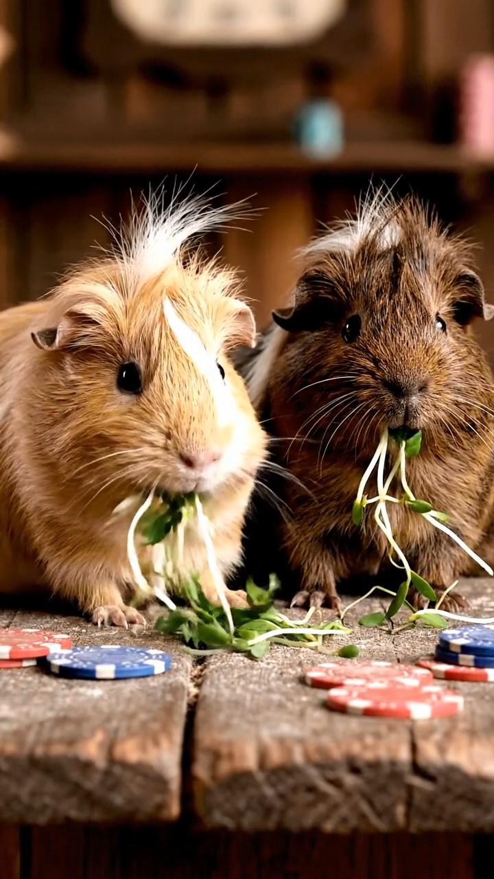 2029. Detailed image of 2 smooth-haired White Crested guinea pigs with fawn and chocolate fur, eating alfalfa sprouts, on a dusty saloon counter with poker chips scattered.
