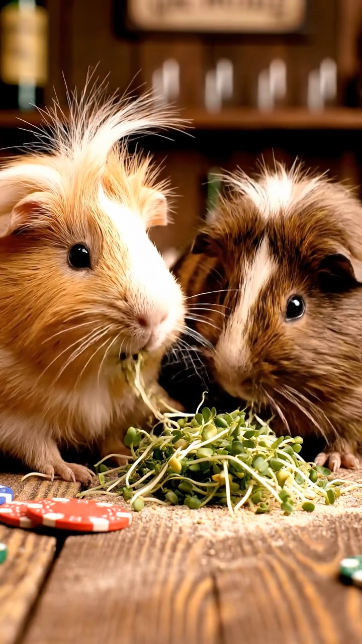 2029. Detailed image of 2 smooth-haired White Crested guinea pigs with fawn and chocolate fur, eating alfalfa sprouts, on a dusty saloon counter with poker chips scattered.