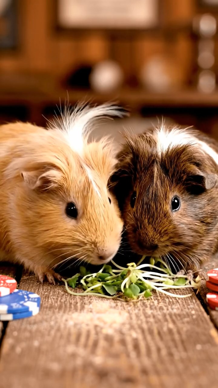 2029. Detailed image of 2 smooth-haired White Crested guinea pigs with fawn and chocolate fur, eating alfalfa sprouts, on a dusty saloon counter with poker chips scattered.