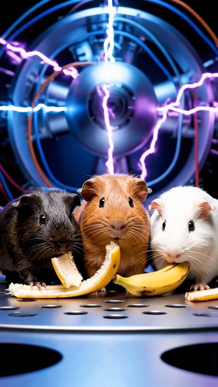 2030. Photorealistic scene of 3 smooth-haired Skinny guinea pigs in cinnamon, sable, and white colors, nibbling on banana peels, inside a scientific collider facility with energy beams.