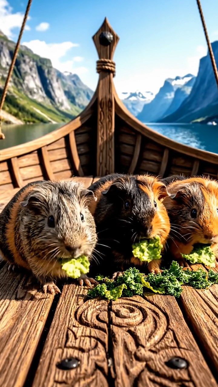 2031. Realistic photo of 5 smooth-haired American guinea pigs with orange, gray, and black fur, chewing on kale chips, on a carved Viking vessel deck with fjords looming.