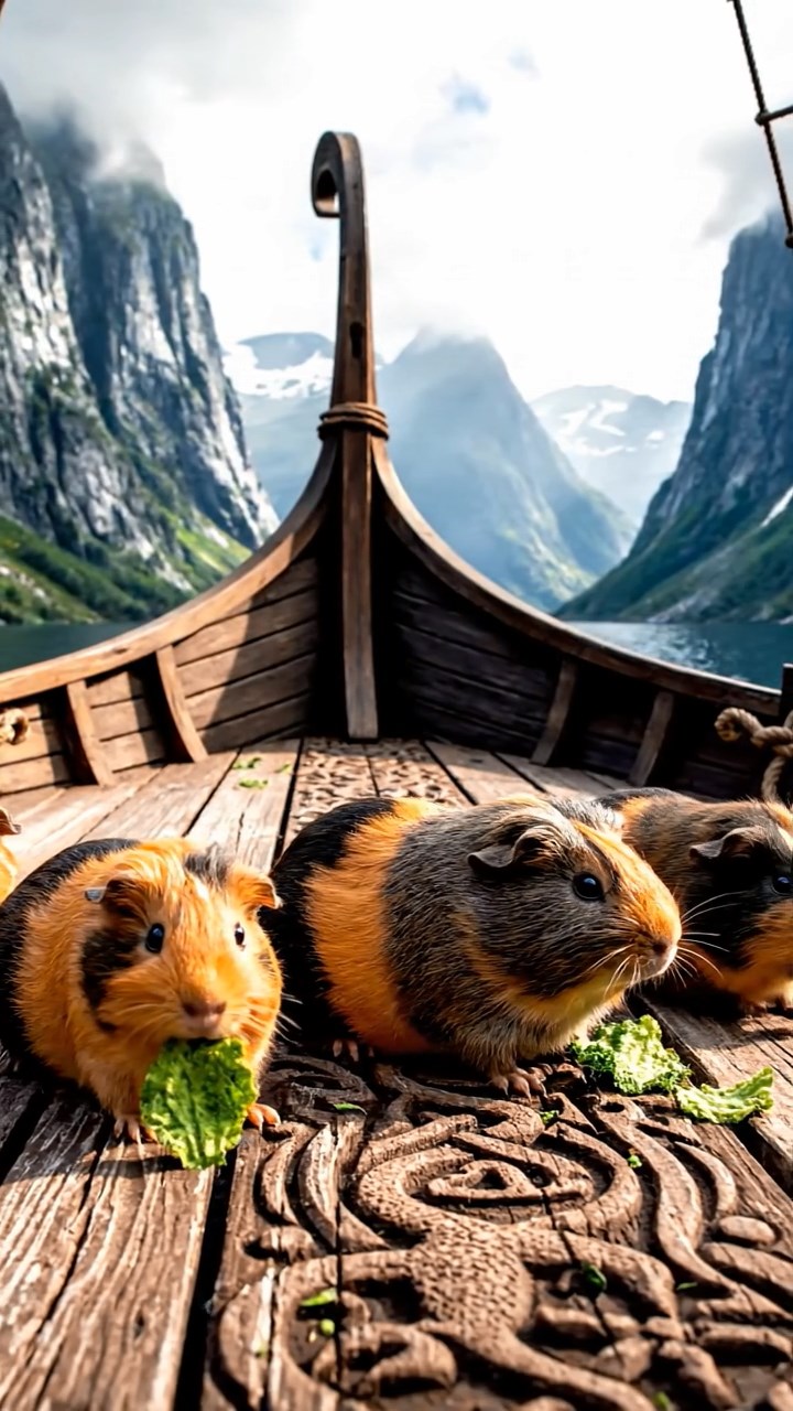 2031. Realistic photo of 5 smooth-haired American guinea pigs with orange, gray, and black fur, chewing on kale chips, on a carved Viking vessel deck with fjords looming.