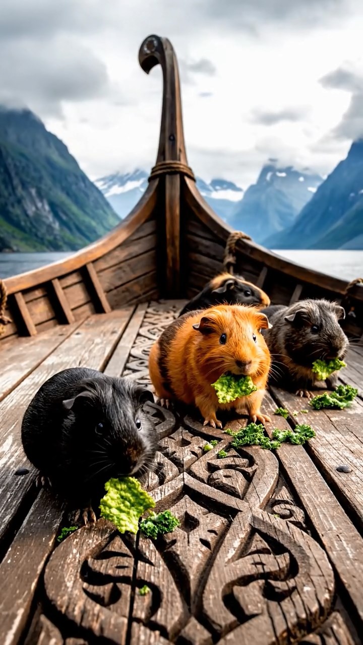 2031. Realistic photo of 5 smooth-haired American guinea pigs with orange, gray, and black fur, chewing on kale chips, on a carved Viking vessel deck with fjords looming.