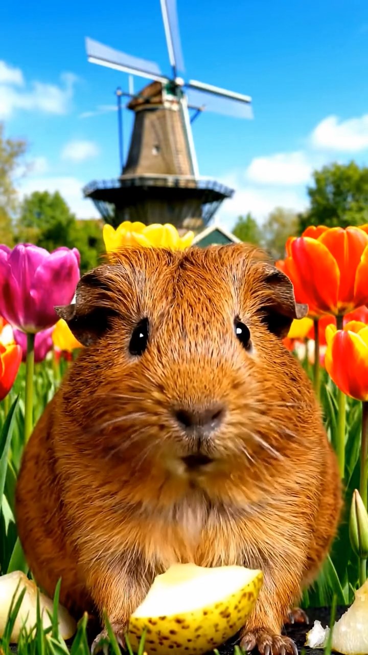 2032. Highly detailed view of 1 smooth-haired Abyssinian guinea pig with brown fur, munching on pear slices, in a blooming spring tulip meadow with historic windmills.