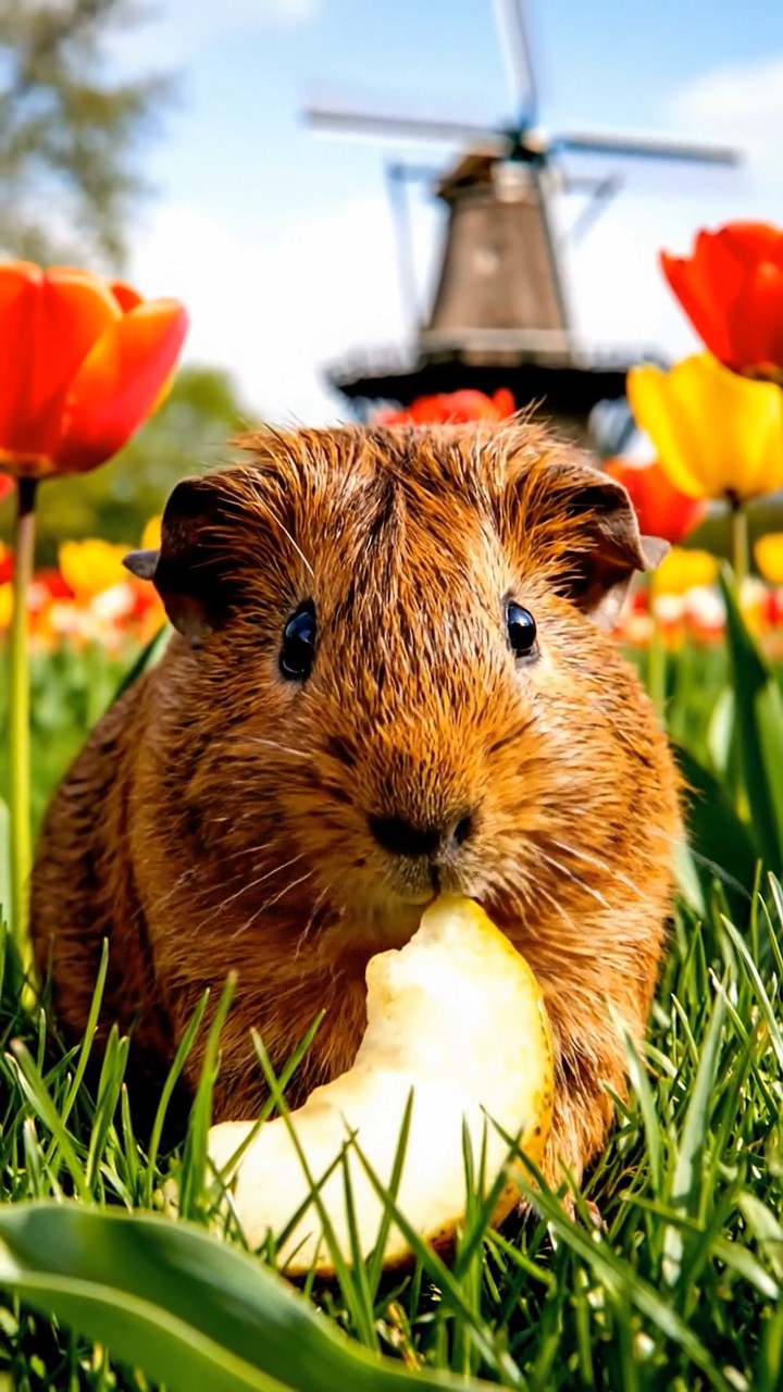 2032. Highly detailed view of 1 smooth-haired Abyssinian guinea pig with brown fur, munching on pear slices, in a blooming spring tulip meadow with historic windmills.