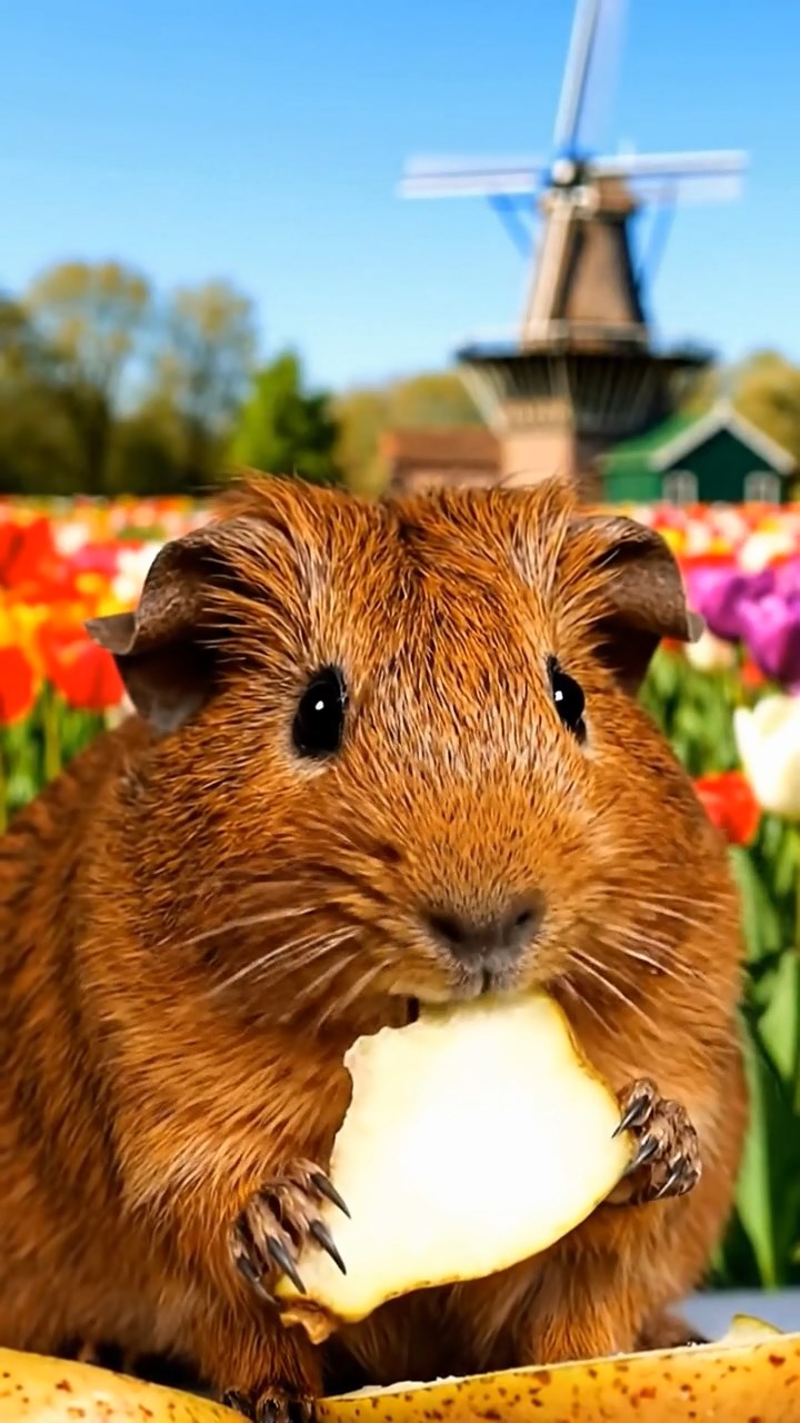 2032. Highly detailed view of 1 smooth-haired Abyssinian guinea pig with brown fur, munching on pear slices, in a blooming spring tulip meadow with historic windmills.