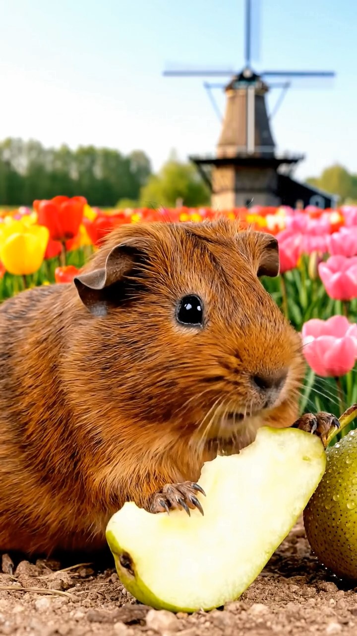 2032. Highly detailed view of 1 smooth-haired Abyssinian guinea pig with brown fur, munching on pear slices, in a blooming spring tulip meadow with historic windmills.