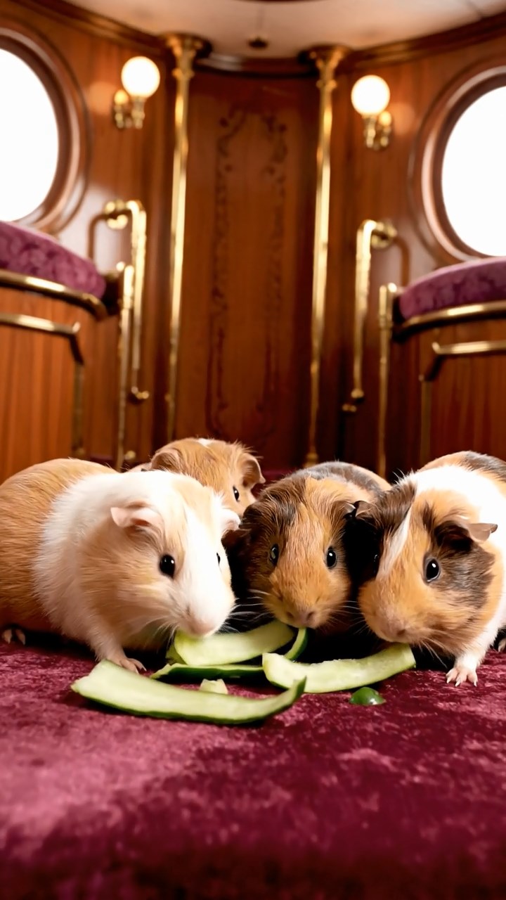 2033. Photorealistic image of 4 smooth-haired Peruvian guinea pigs featuring cream, fawn, and chocolate coats, sharing cucumber peels, inside a luxurious dirigible cabin with brass fittings.