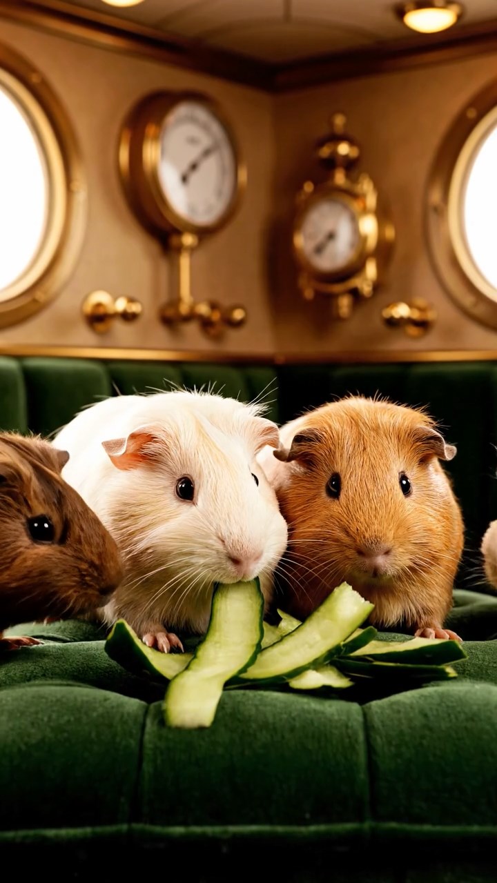 2033. Photorealistic image of 4 smooth-haired Peruvian guinea pigs featuring cream, fawn, and chocolate coats, sharing cucumber peels, inside a luxurious dirigible cabin with brass fittings.