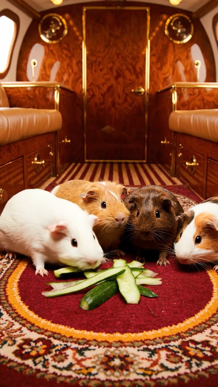 2033. Photorealistic image of 4 smooth-haired Peruvian guinea pigs featuring cream, fawn, and chocolate coats, sharing cucumber peels, inside a luxurious dirigible cabin with brass fittings.