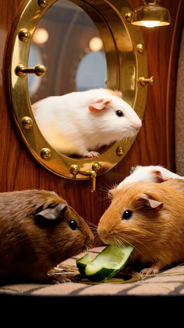 2033. Photorealistic image of 4 smooth-haired Peruvian guinea pigs featuring cream, fawn, and chocolate coats, sharing cucumber peels, inside a luxurious dirigible cabin with brass fittings.