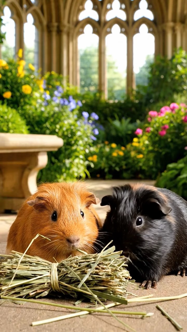 2034. Realistic depiction of 2 smooth-haired Silkie guinea pigs with cinnamon and sable fur, eating timothy hay bundles, in a quiet cloister garden with stone benches.