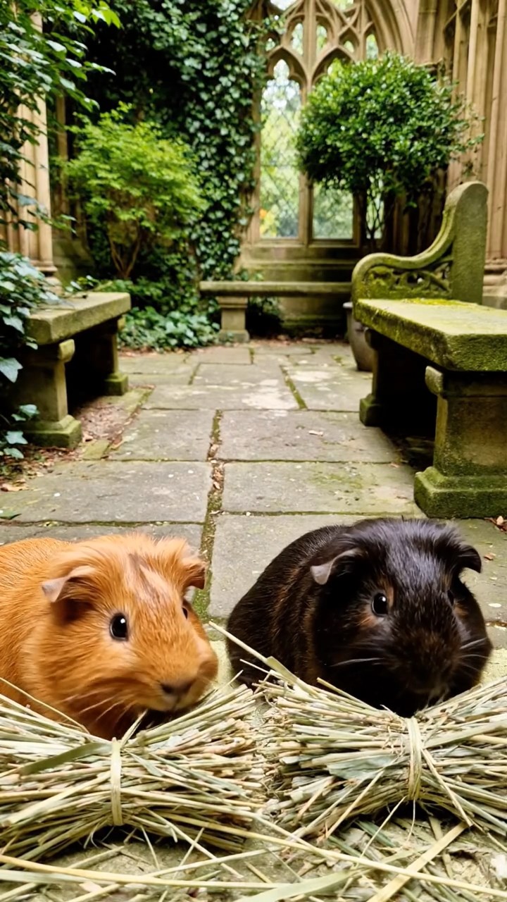 2034. Realistic depiction of 2 smooth-haired Silkie guinea pigs with cinnamon and sable fur, eating timothy hay bundles, in a quiet cloister garden with stone benches.