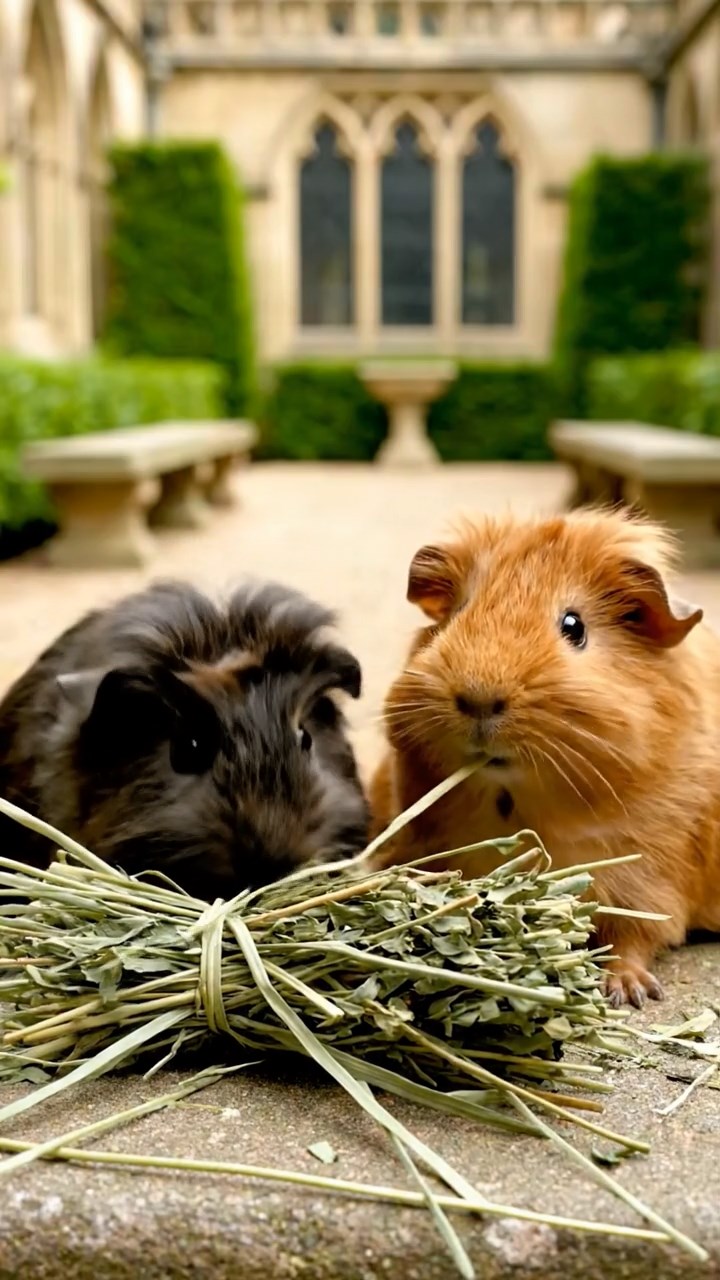 2034. Realistic depiction of 2 smooth-haired Silkie guinea pigs with cinnamon and sable fur, eating timothy hay bundles, in a quiet cloister garden with stone benches.