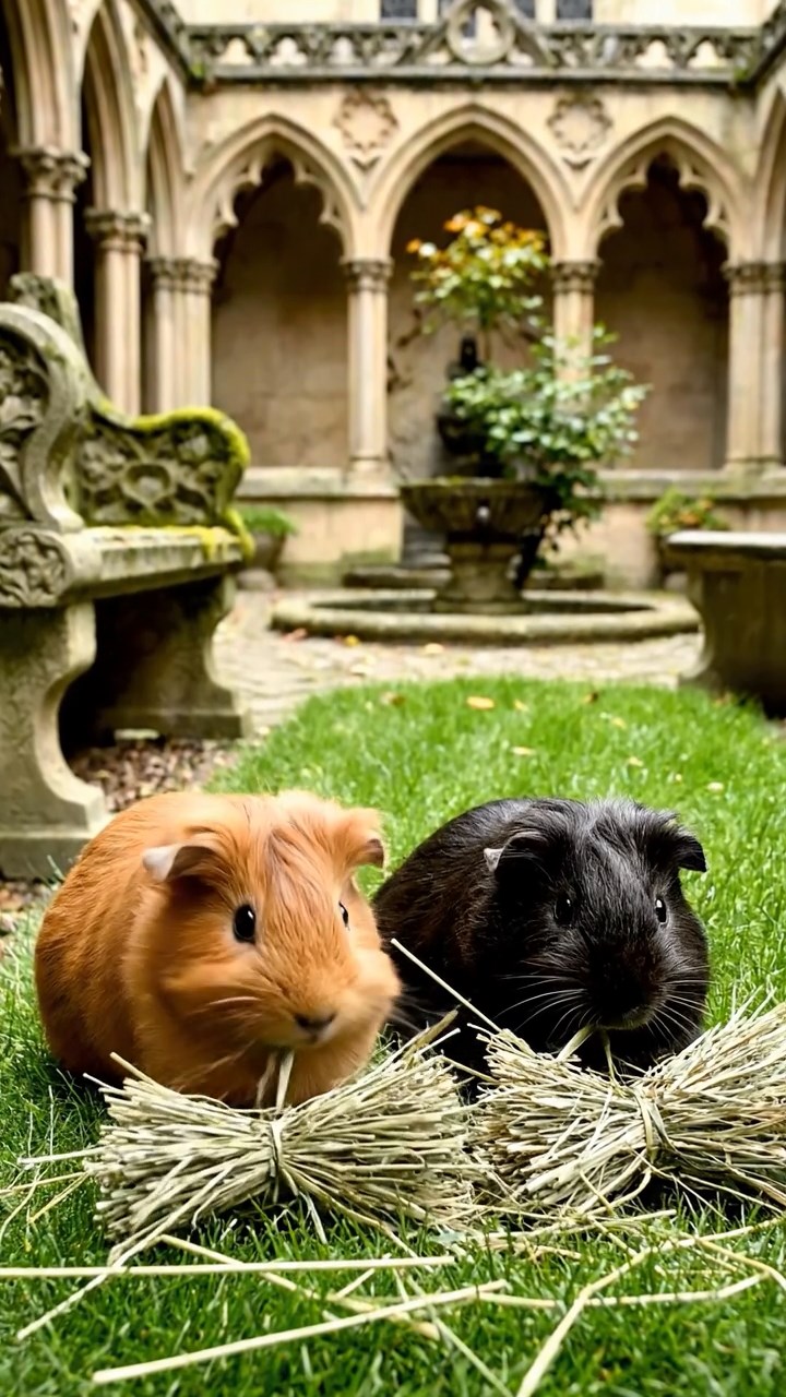 2034. Realistic depiction of 2 smooth-haired Silkie guinea pigs with cinnamon and sable fur, eating timothy hay bundles, in a quiet cloister garden with stone benches.