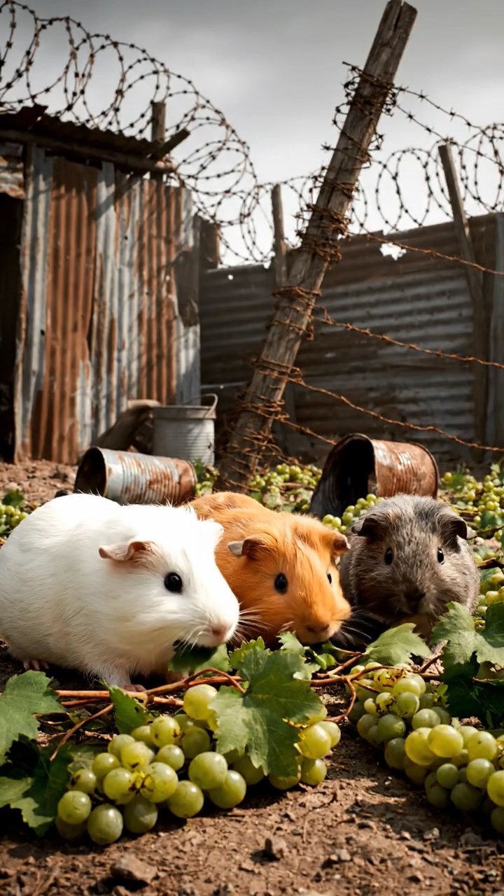 2035. Detailed scene of 3 smooth-haired Teddy guinea pigs with white, orange, and gray fur, nibbling on grape vines, in a post-apocalyptic survival camp with barbed wire.