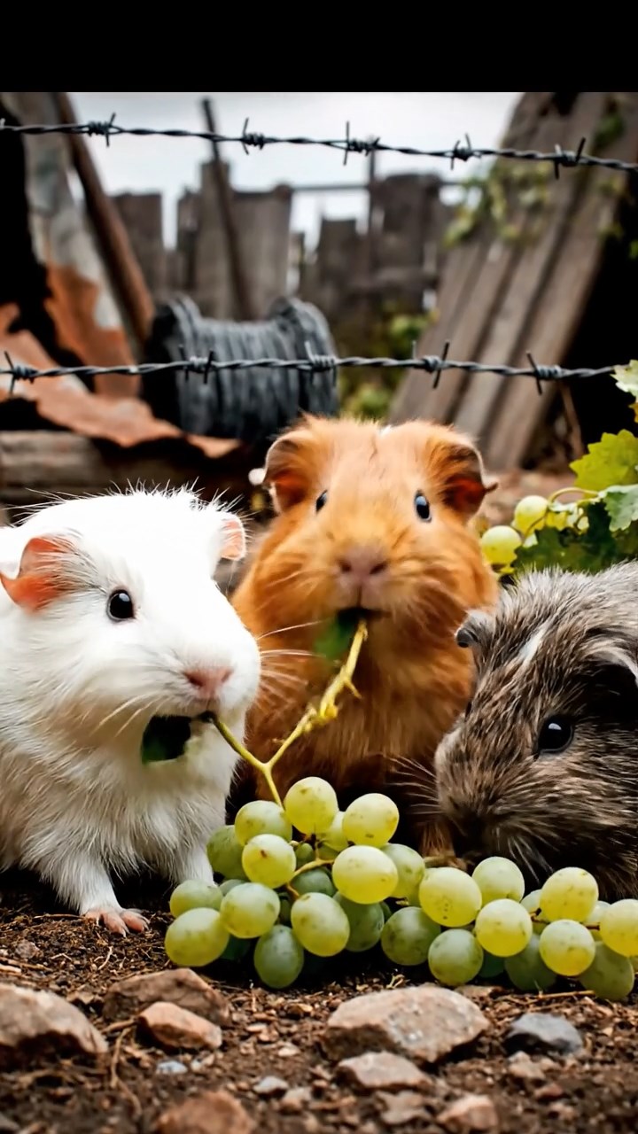 2035. Detailed scene of 3 smooth-haired Teddy guinea pigs with white, orange, and gray fur, nibbling on grape vines, in a post-apocalyptic survival camp with barbed wire.