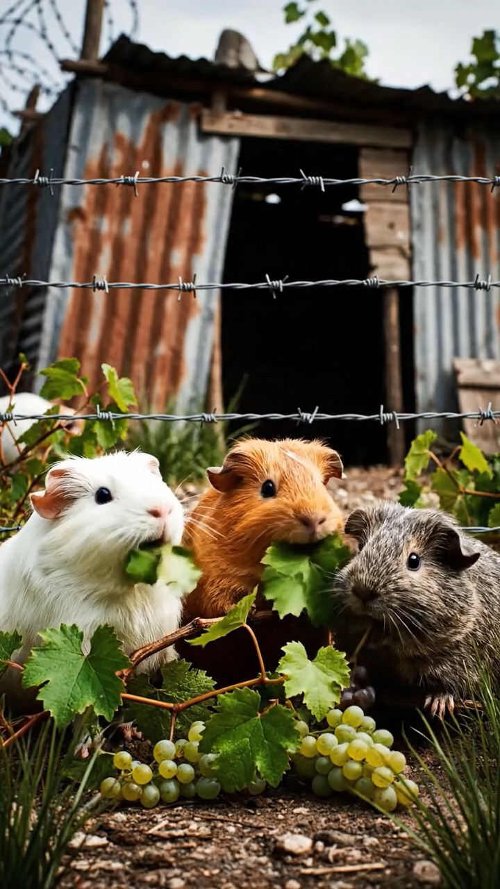 2035. Detailed scene of 3 smooth-haired Teddy guinea pigs with white, orange, and gray fur, nibbling on grape vines, in a post-apocalyptic survival camp with barbed wire.