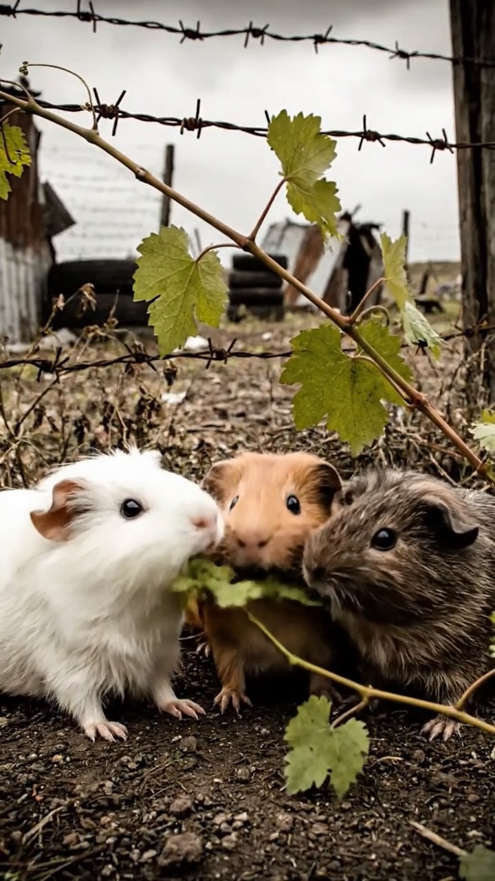 2035. Detailed scene of 3 smooth-haired Teddy guinea pigs with white, orange, and gray fur, nibbling on grape vines, in a post-apocalyptic survival camp with barbed wire.