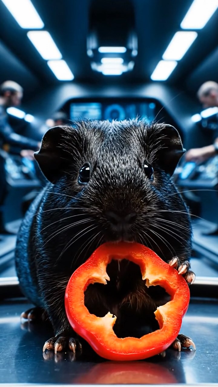 2036. Photorealistic photo of 1 smooth-haired Texel guinea pig with black fur, chewing on bell pepper rings, in a high-speed race pit with mechanics bustling.