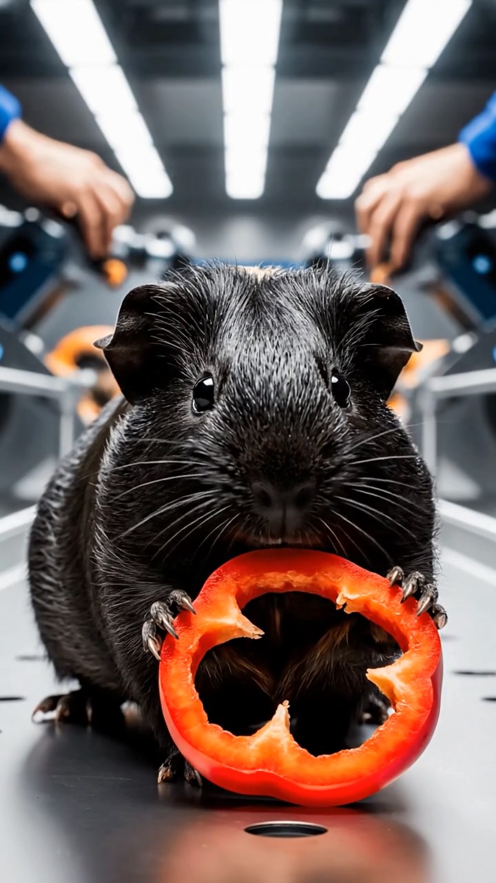 2036. Photorealistic photo of 1 smooth-haired Texel guinea pig with black fur, chewing on bell pepper rings, in a high-speed race pit with mechanics bustling.