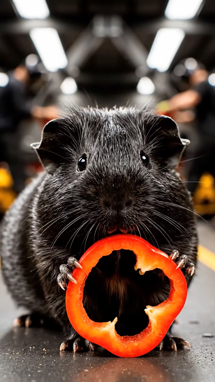 2036. Photorealistic photo of 1 smooth-haired Texel guinea pig with black fur, chewing on bell pepper rings, in a high-speed race pit with mechanics bustling.