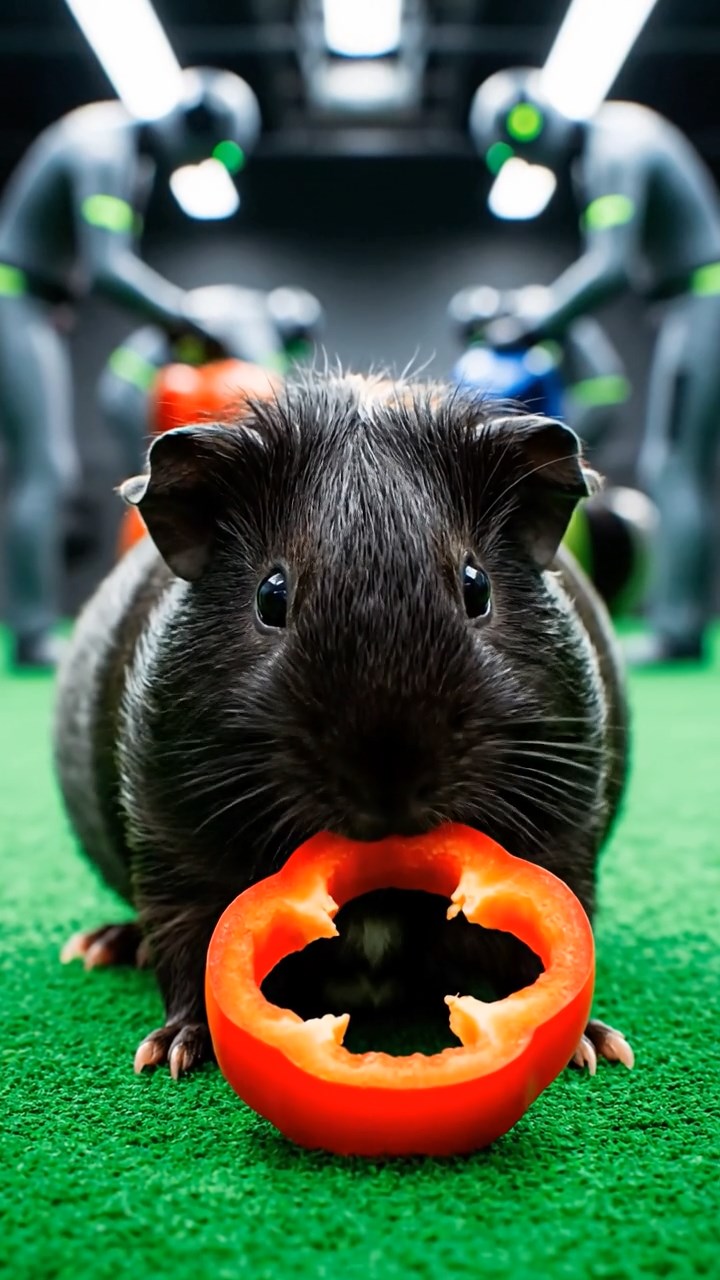 2036. Photorealistic photo of 1 smooth-haired Texel guinea pig with black fur, chewing on bell pepper rings, in a high-speed race pit with mechanics bustling.
