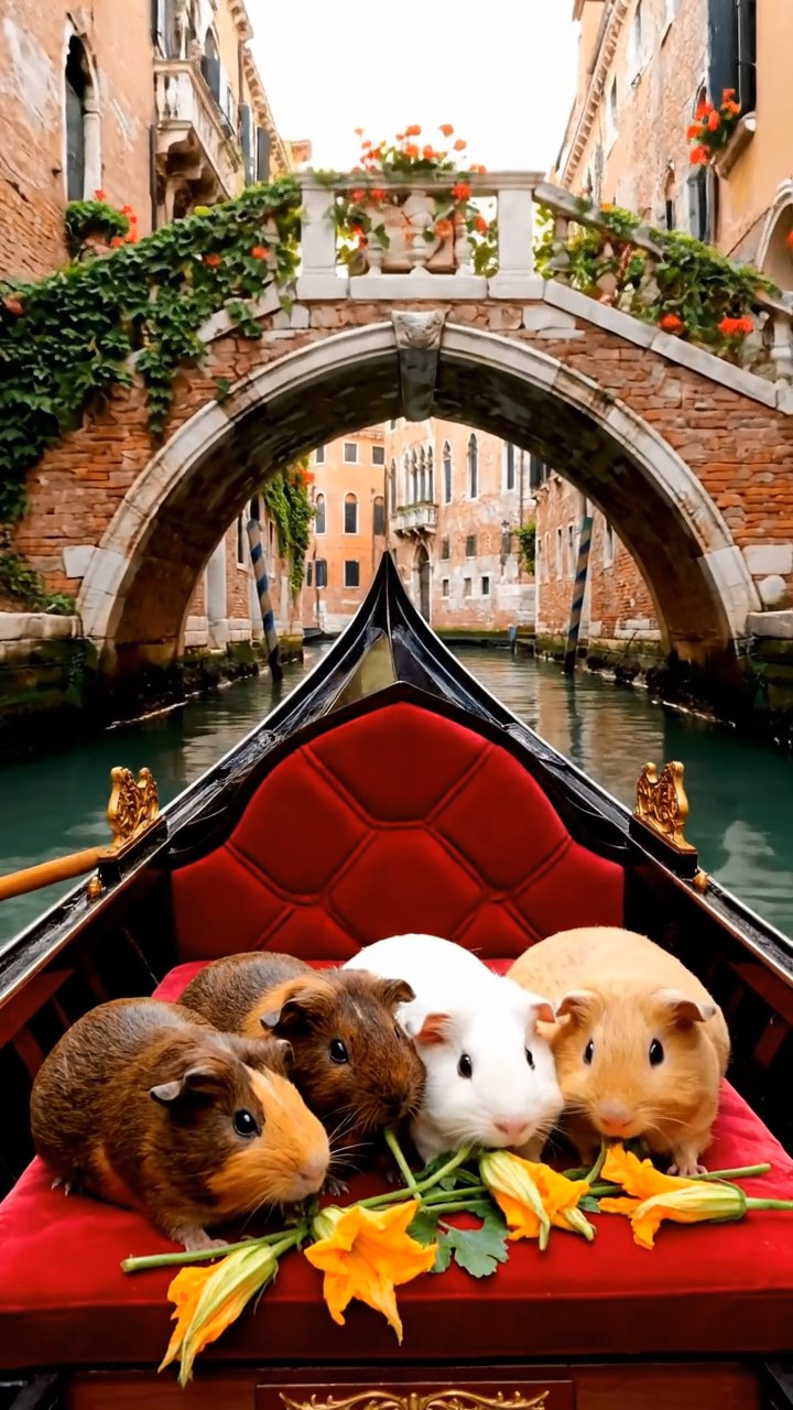 2037. Realistic image of 5 smooth-haired Rex guinea pigs in brown, cream, and fawn colors, munching on zucchini flowers, on a romantic gondola ride through narrow canals.