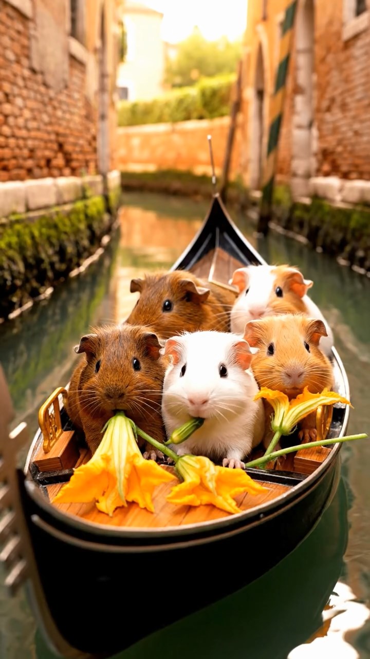 2037. Realistic image of 5 smooth-haired Rex guinea pigs in brown, cream, and fawn colors, munching on zucchini flowers, on a romantic gondola ride through narrow canals.